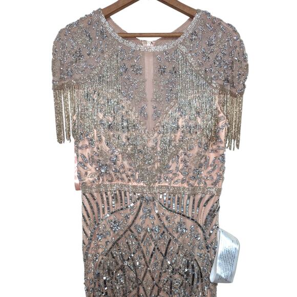 Mac Duggal Beaded Fringe Gown Size 14 – Nude Silver Embellished Maxi Dress NWT - Picture 5 of 10